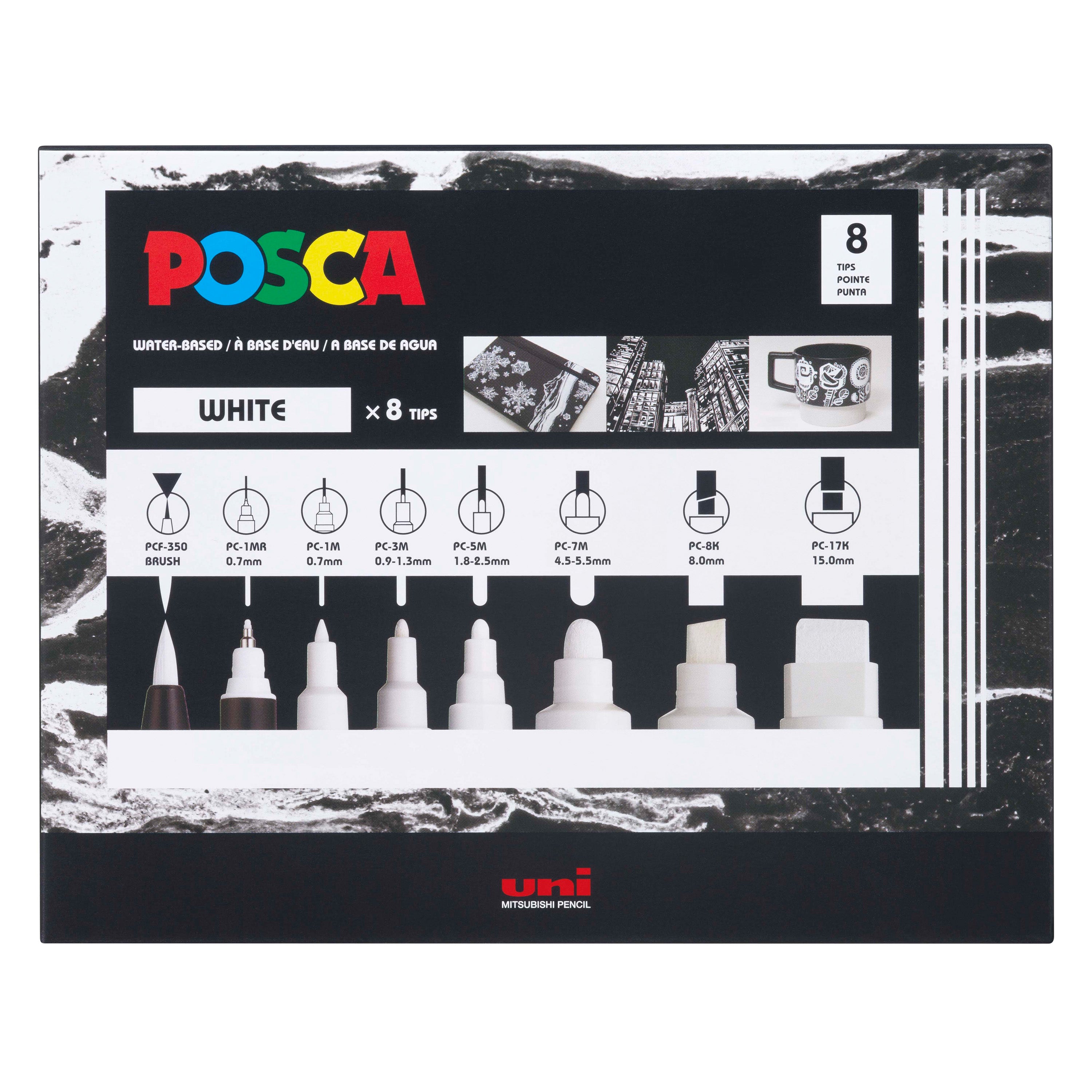 uni® POSCA® PC-MIX, Assorted White Tips, Water-Based Paint Markers (8 Pack)