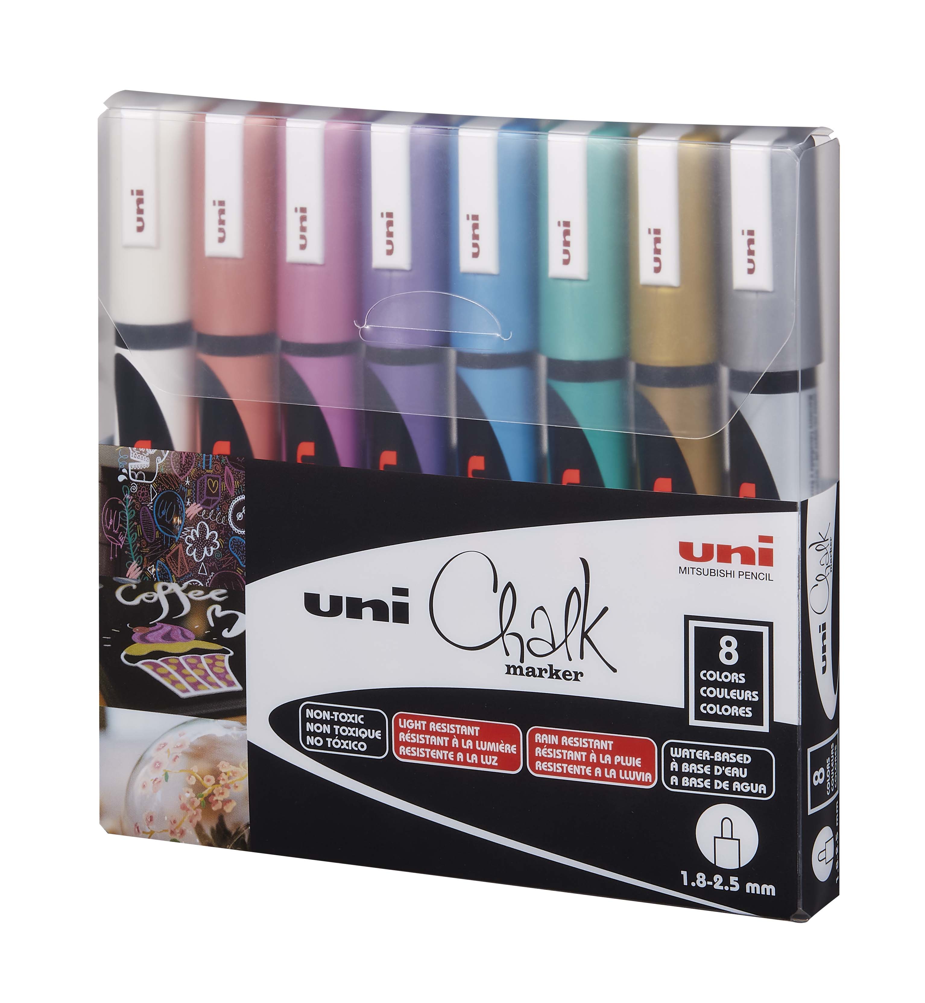 Marqueur craie liquide Uni-Ball Chalk pointe ogive moyenne 1,8 à 2,5 mm-  pochette de 4 assortis coloris classique